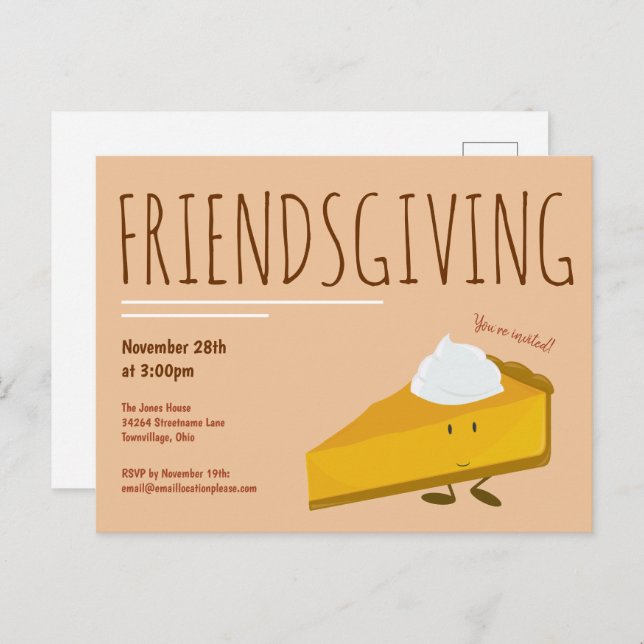 Fun Friendsgiving Smiling Pumpkin Pie Holiday Invitation Postcard (Front/Back)