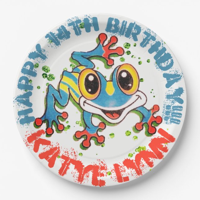 Fun Frog Personalised Party Colourful Paint Splash Paper Plate (Front)