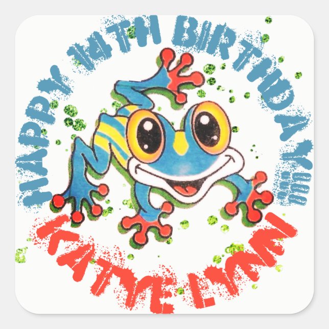 Fun Frog Personalised Party Colourful Paint Splash Square Sticker (Front)