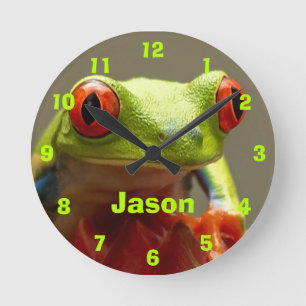 Fun Frog with Red Eyes Personalised Name Round Clock