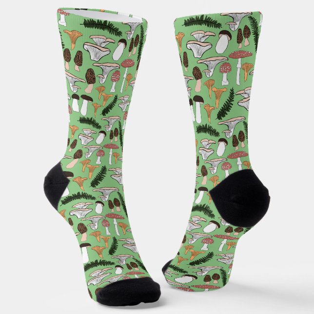 Fun Fungi Mushroom Fern Pattern Foraging Green Socks (Angled)