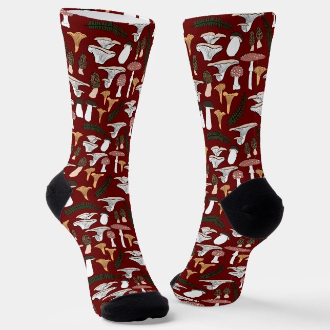 Fun Fungi Mushroom Fern Pattern Foraging Socks (Angled)