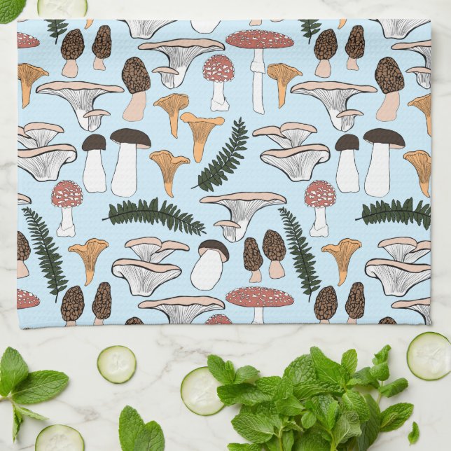 Fun Fungi Mushroom Fern Pattern Tea Towel (Folded)