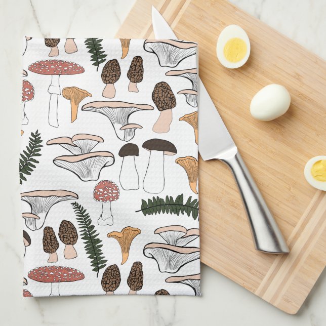 Fun Fungi Mushroom Fern Pattern  Tea Towel (Quarter Fold)