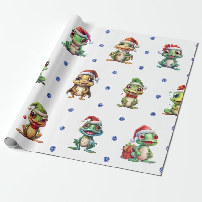 Fun & Funky Christmas Frogs on White  Wrapping Paper (Unrolled)