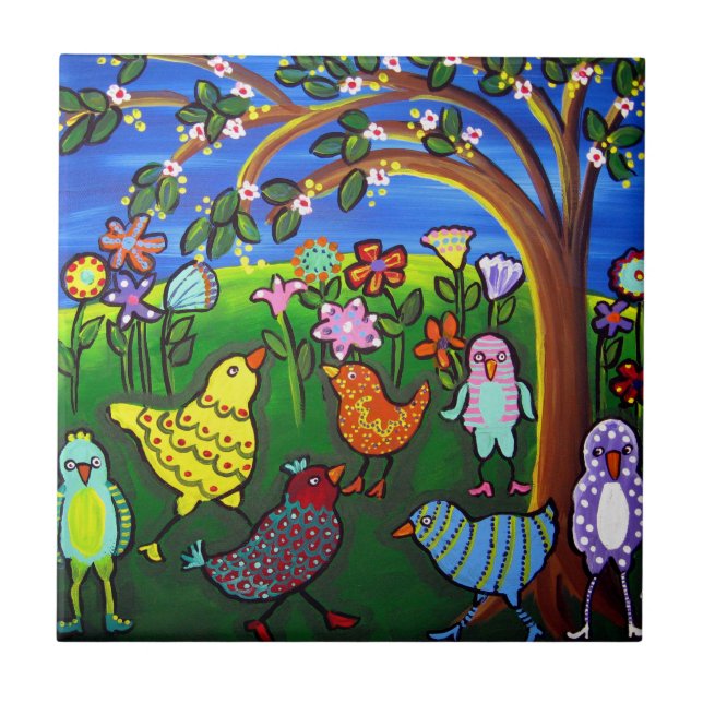 Fun Funky Colourful Birds Whimsical Folk Art Tile (Front)