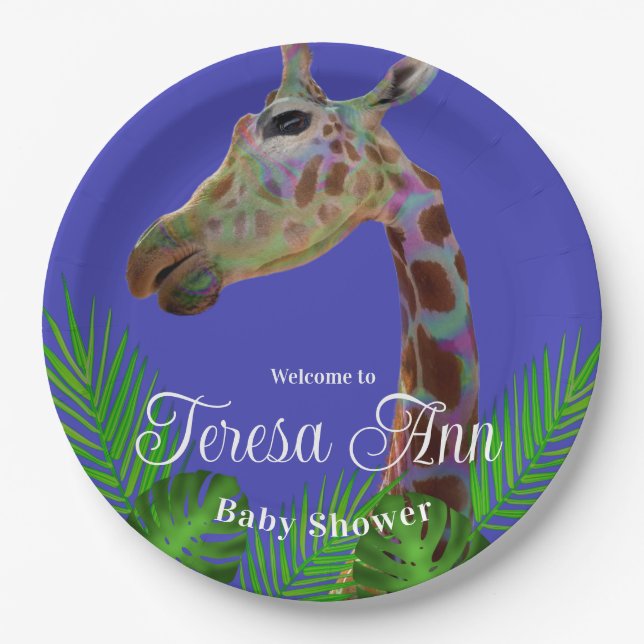 Fun funky colourful Giraffe Baby Shower   Paper Plate (Front)
