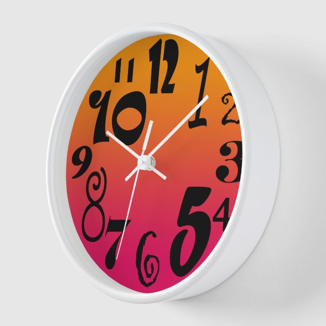 Fun funky numbers - hot red to orange gradient wall clock (Angle)