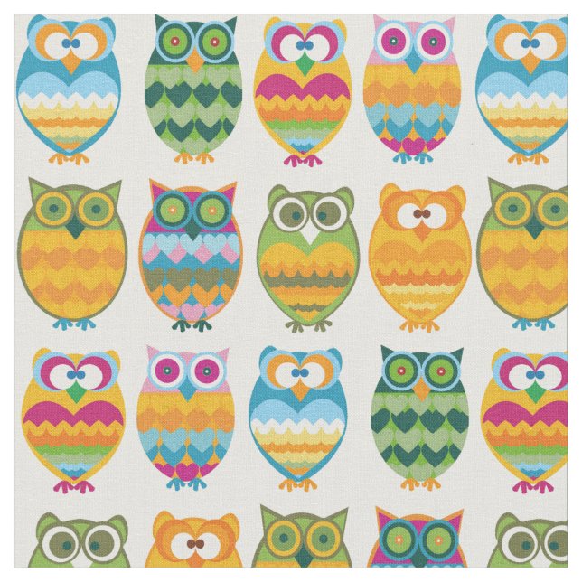 Fun, Funky Retro Owls Fabric (Close Up)