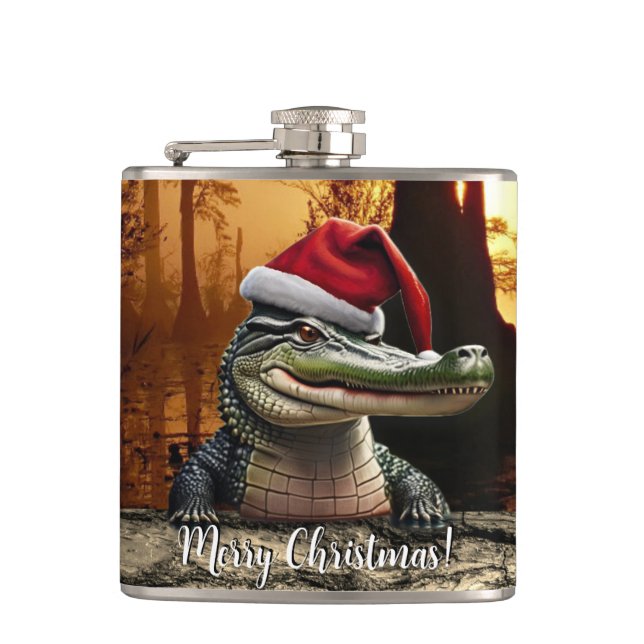 Fun Gator in a Santa Hat Hip Flask (Front)