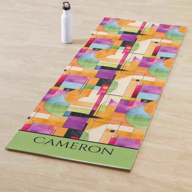 Fun Geometric Abstract in Orange, Green & Purple Yoga Mat (In Situ)