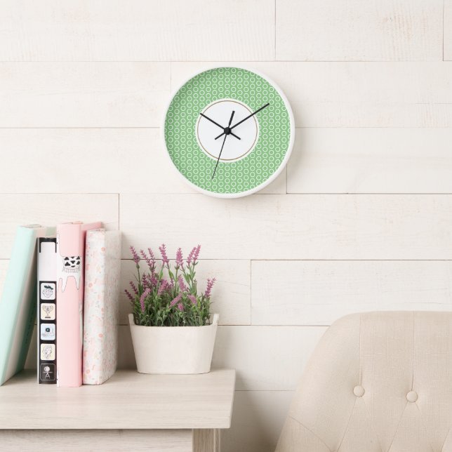 Fun Geometric Sage Green White Tiled Art Outer Rim Clock (Reading Room)