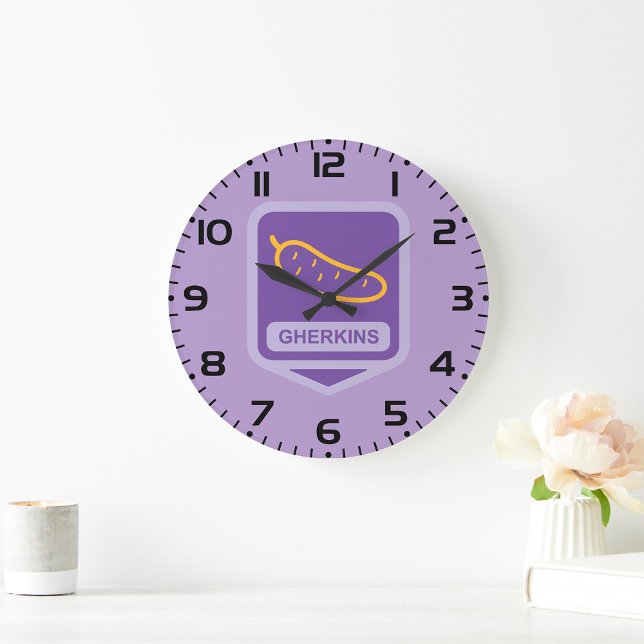 Fun Gherkin Pickle Icon Purple and Yellow Large Clock (Creator Uploaded)