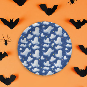 Fun Ghost Blue Halloween Night Sky Watercolor Paper Plate