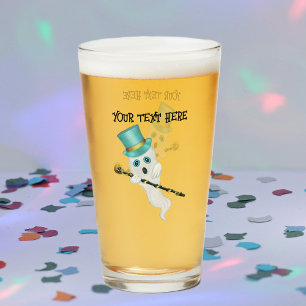 Fun Ghost Dressed Up Top Hat Black Cane Skull Glass