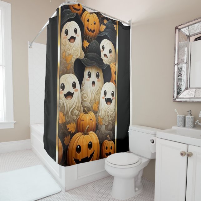 Fun Ghosts & Jack o Lantern Pumpkins Shower Curtain (In Situ)