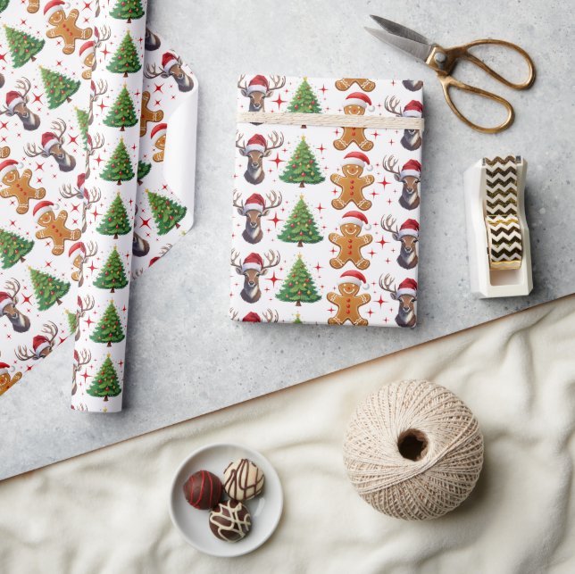 Fun Gingerbread Man Reindeer Christmas Tree Wrapping Paper (Crafts)