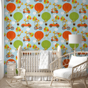 Fun Giraffe in Air Balloons Bikes and Cars Pattern Wallpaper