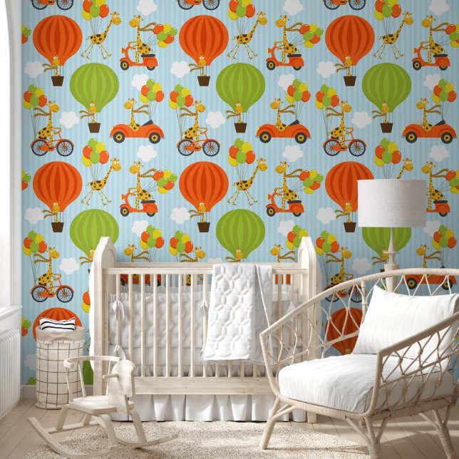 Fun Giraffe in Air Balloons Bikes and Cars Pattern Wallpaper (Kids)