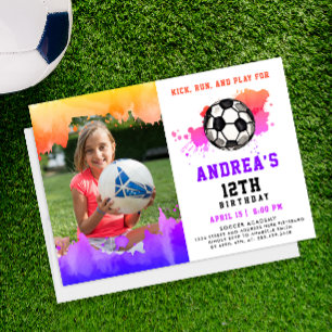Fun Girl Colourful Pink Soccer Birthday Party Phot Invitation