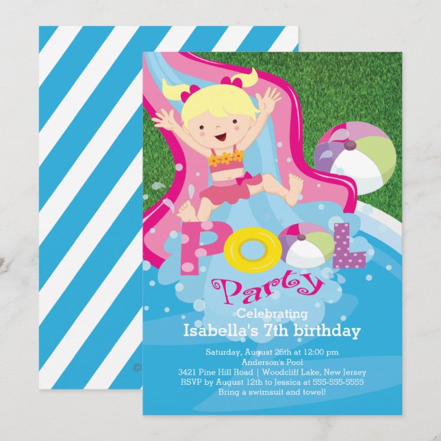 Fun Girl Pool Birthday Party Invitation (Front/Back)