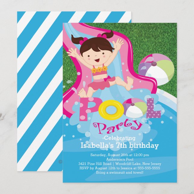 Fun Girl Pool Birthday Party Invitation (Front/Back)