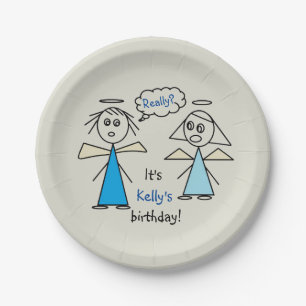 Fun Girl Stick Figure Angels Personalised Birthday Paper Plate