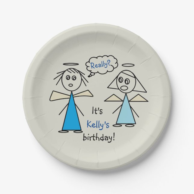 Fun Girl Stick Figure Angels Personalised Birthday Paper Plate (Front)