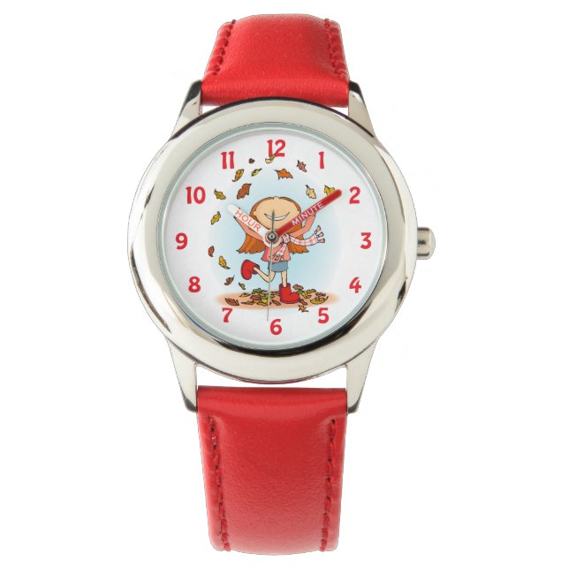 Fun girls autumn fall leaves wrist watch (Front)