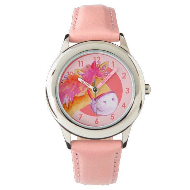Fun girls pony art pink wrist watch (Front)