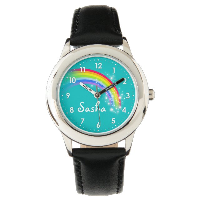 Fun girls rainbow teal aqua name wrist watch (Front)