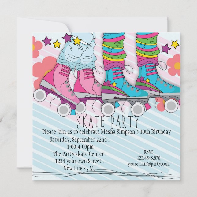 Fun girls Roller Skating birthday party invitation (Front)