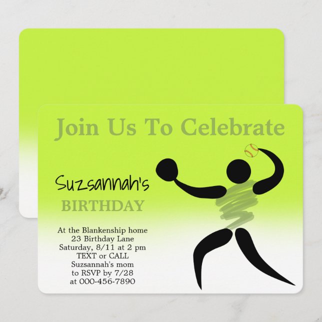 Fun Girls Softball Custom Birthday Party Invitatio Invitation (Front/Back)
