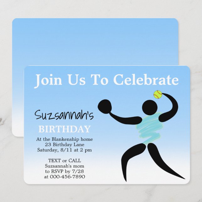 Fun Girls Softball Custom Birthday Party Invitatio Invitation (Front/Back)