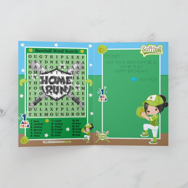 Fun Girls Softball Word Search Happy Birthday Card (Inside)