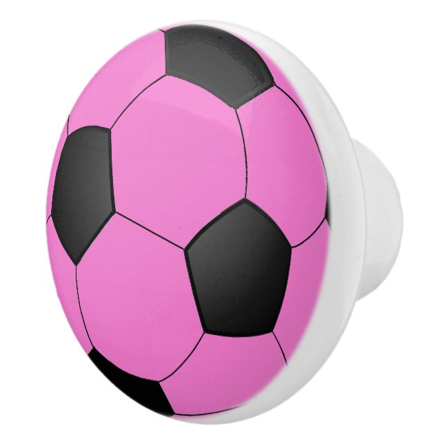 Fun Girly Bright Pink Black Soccer Ball Ceramic Knob (Right)