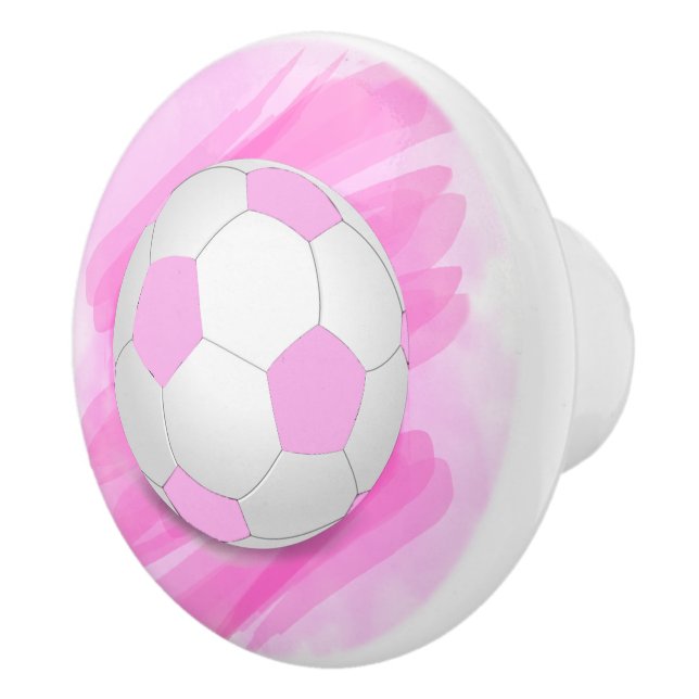Fun Girly Bright Pink Black Soccer Ball Ceramic Knob (Right)