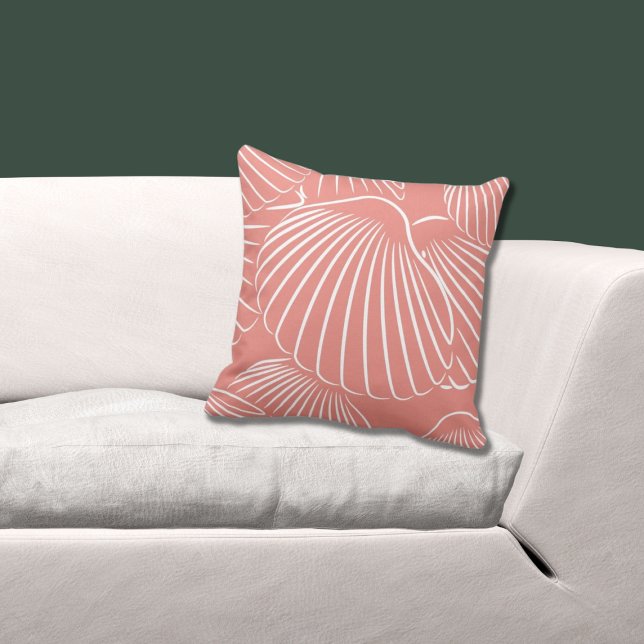 Fun Girly Coral Pink Seashell Pattern Throw Pillow (Pink Pillow With White Sea Shell Pattern)