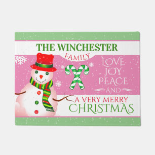 FUN Girly Girl PINK Christmas Snowman Welcome Doormat