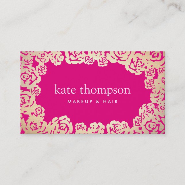 Fun Girly Gold Roses Hot Pink Floral Beauty Business Card (Front)