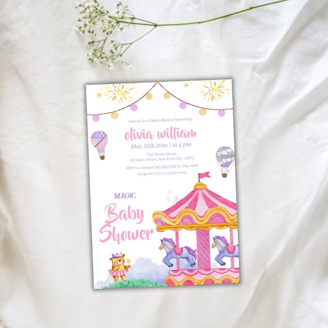 Fun Girly Magical Balloon Carousel Baby Shower  Invitation (Fun Girly Magical Balloon Carousel Baby Shower Invitation)