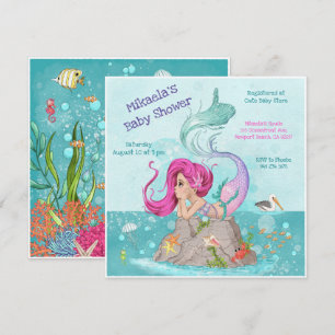 Fun Girly Pink Hair Mermaid Baby Shower Invitation