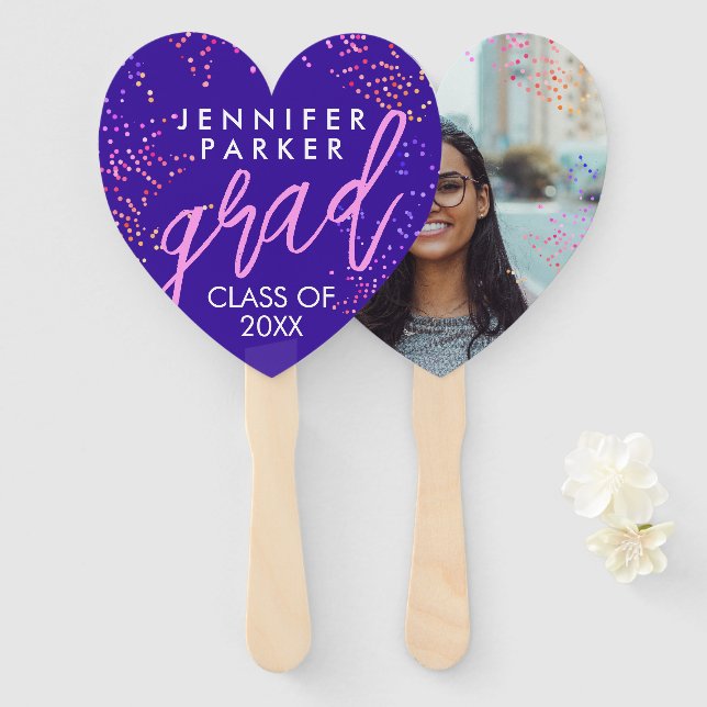 Fun Girly Purple And Pink Graduate School Photo Hand Fan (Front and Back)