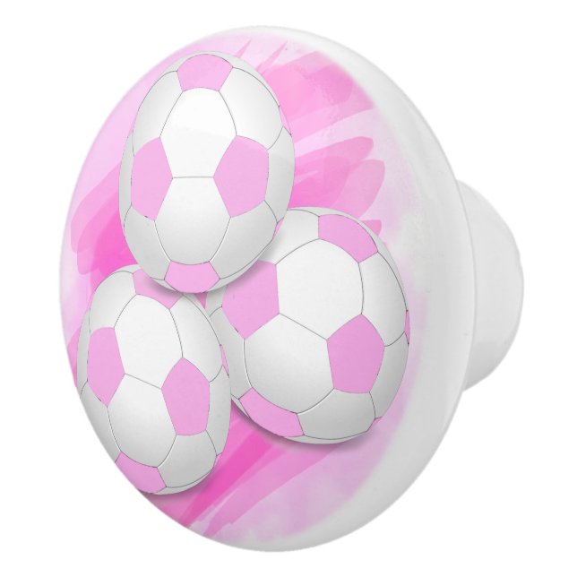 Fun Girly Three Pastel Pink White Soccer Balls Ceramic Knob (Right)
