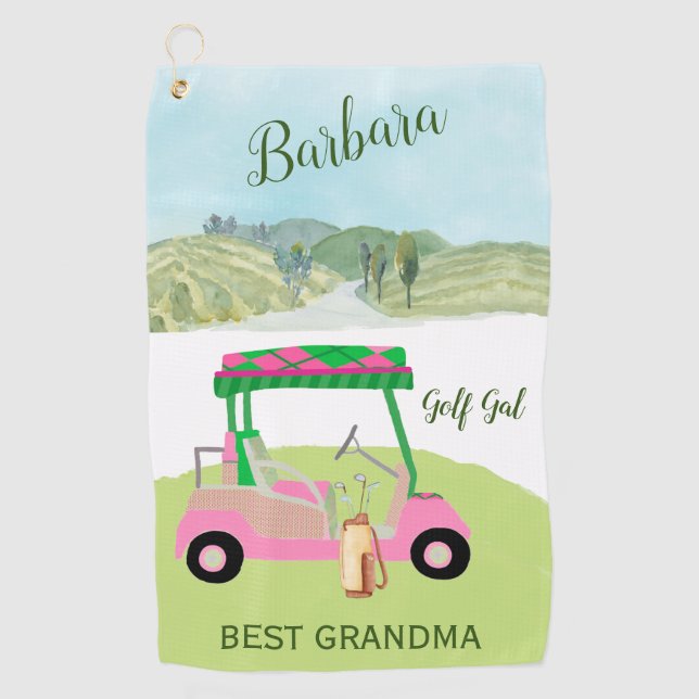 Fun Glam Golf Cart Best Grandma Personalised Name Golf Towel (Front)