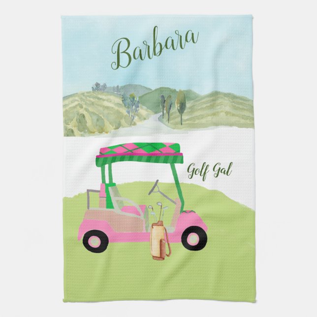 Fun Glam Golf Cart Scenic Personalised Name  Tea Towel (Vertical)