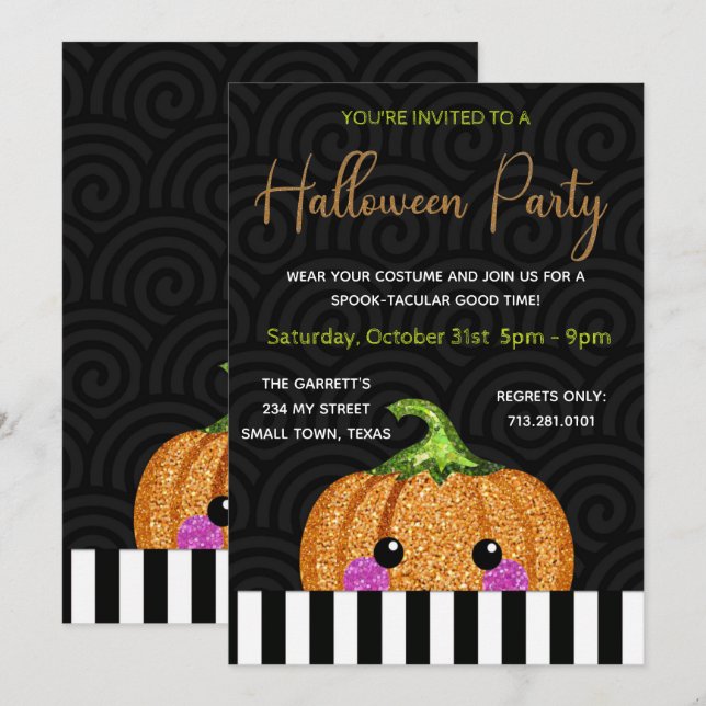 Fun Glitter Pumpkin Black Orange Halloween Invitation (Front/Back)