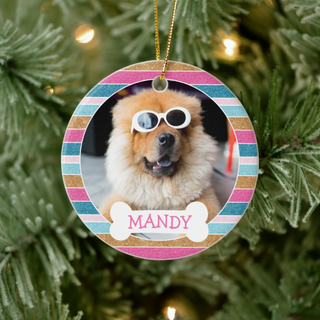 Fun Glitter Stripe Your Dog Photo 1st Christmas  Ceramic Tree Decoration (Tree)