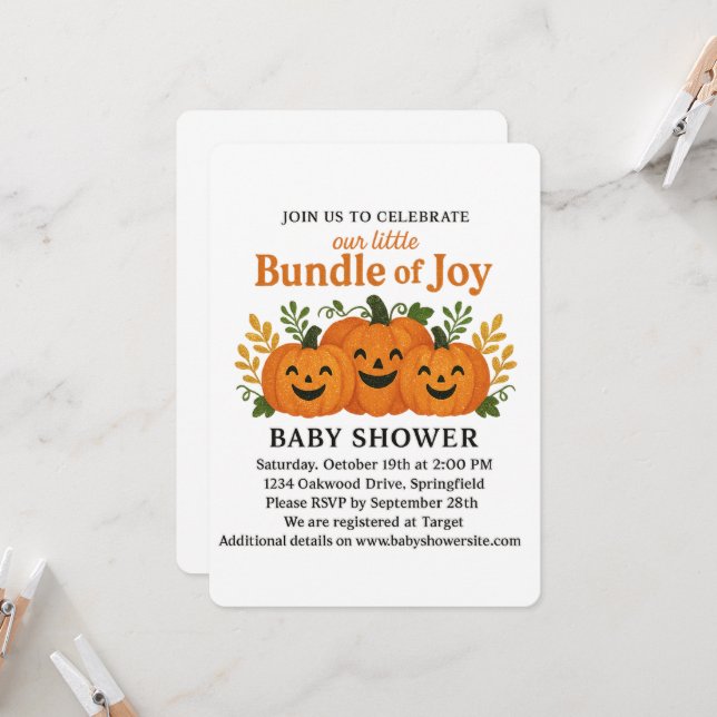 Fun Glittery Fall Pumpkin Patch Invitation (Front/Back In Situ)