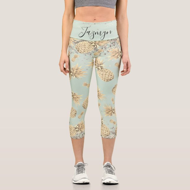 Fun Glittery Golden Pineapples Personalised  Capri Leggings (Front)